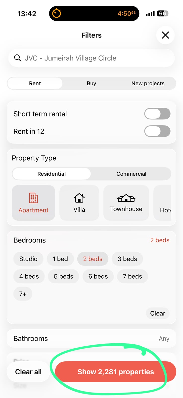Supplied Property Finder search screenshot showing 2,281 two-bedroom rental properties in JVC