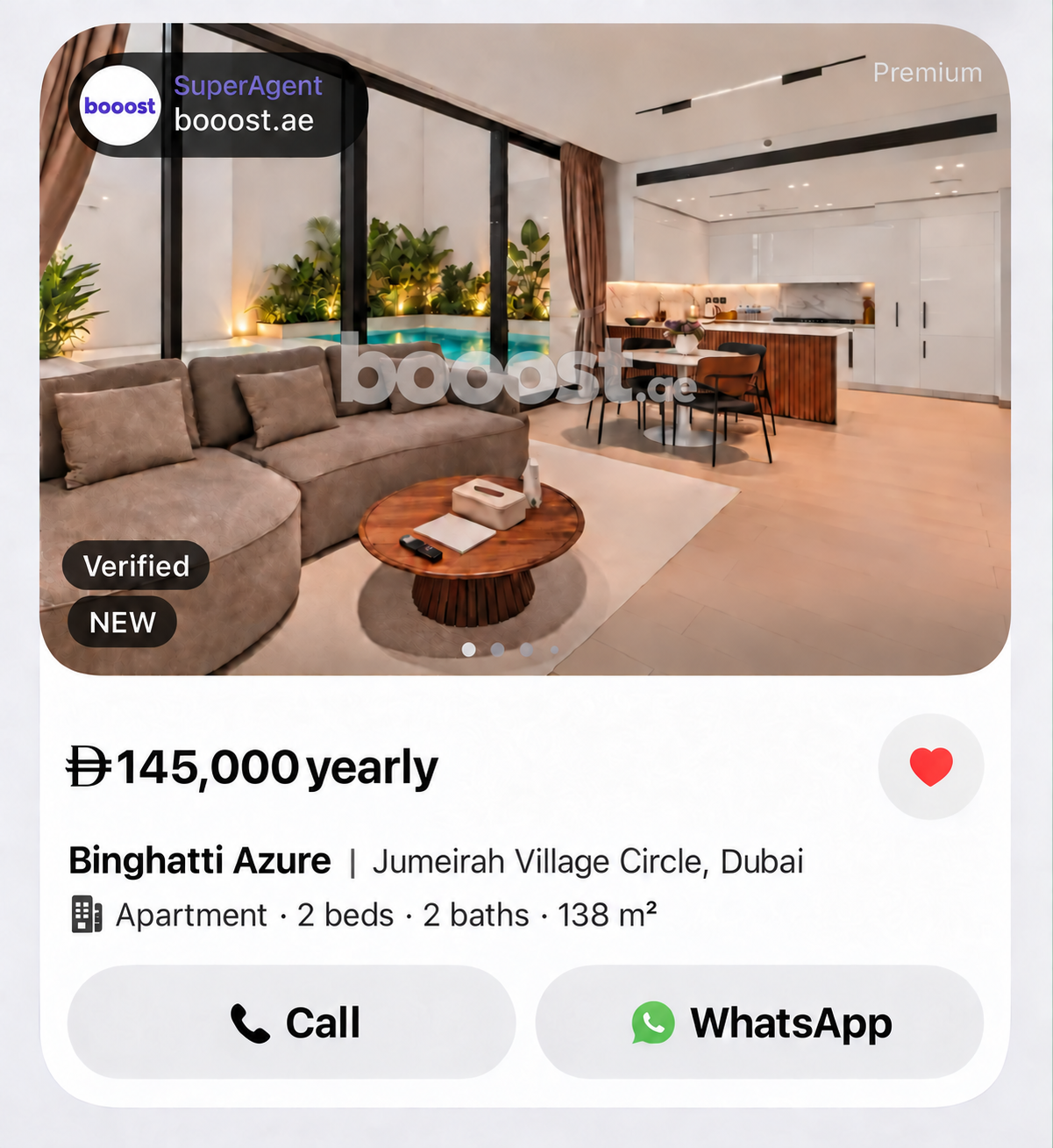 Illustrative Premium listing for Binghatti Azure with booost branding, Verified and SuperAgent badges
